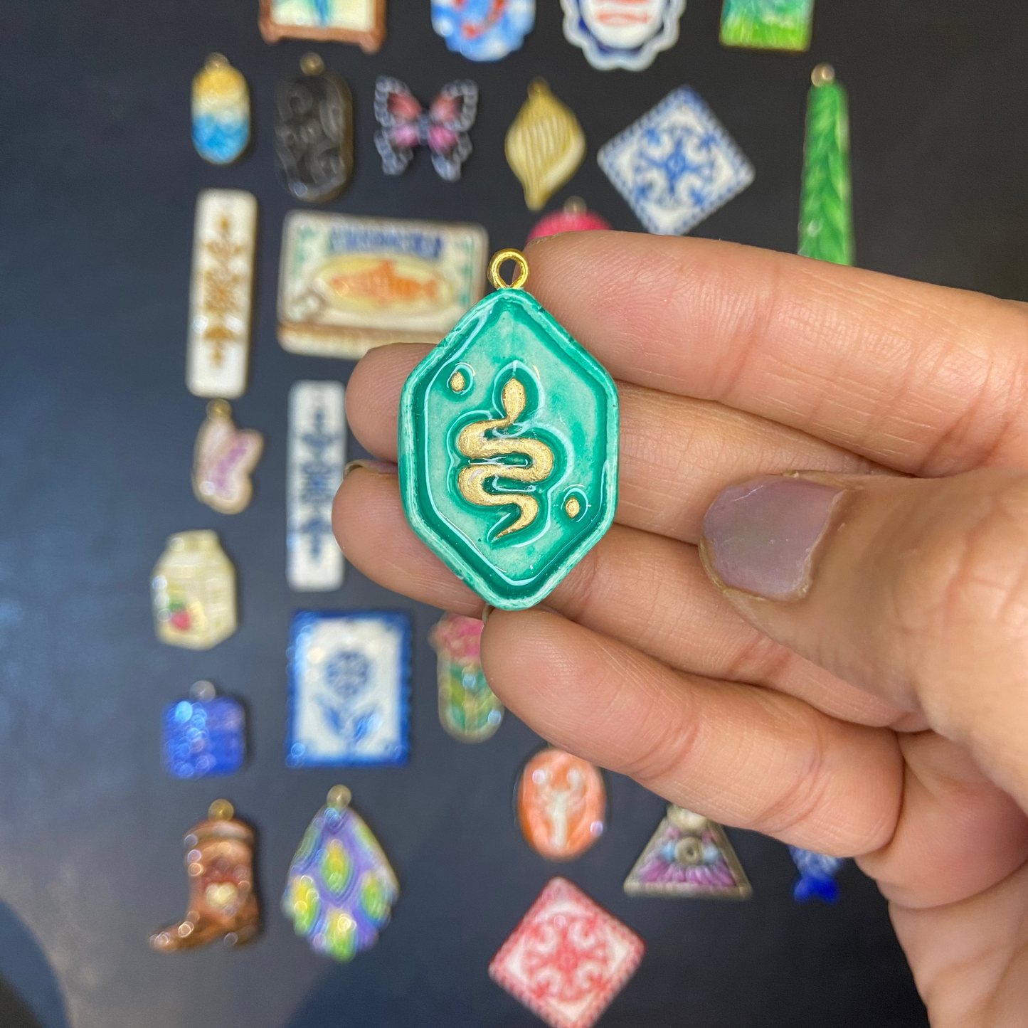 CN 30 - Snake Stamp Textured Hand Painted - Handmade Clay Charm - ClartStudios - Polymer clay Jewellery