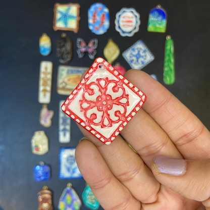 CN 10 - Red Tile Textured Hand Painted - Handmade Clay Charm - ClartStudios - Polymer clay Jewellery