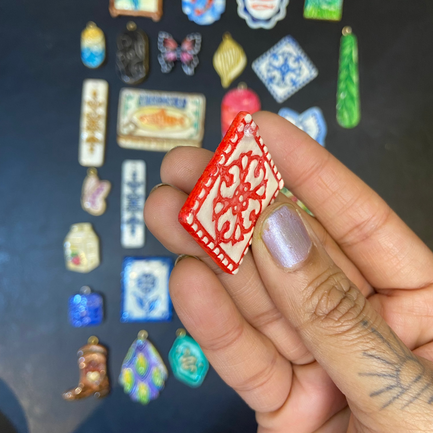 CN 10 - Red Tile Textured Hand Painted - Handmade Clay Charm - ClartStudios - Polymer clay Jewellery