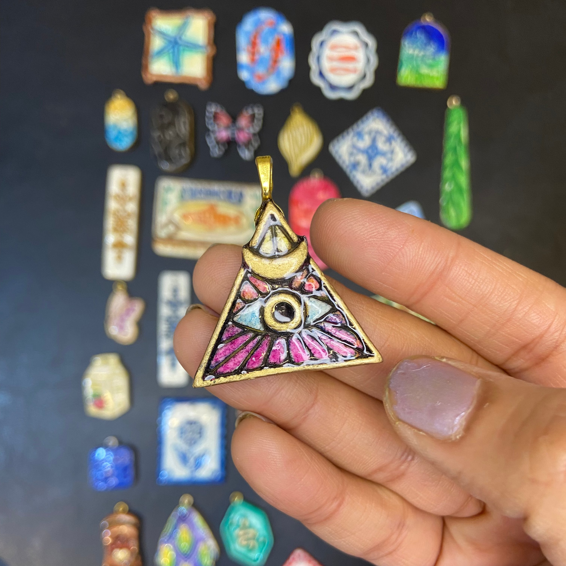 CN 25 - The Eye of Providence Textured Hand Painted - Handmade Clay Charm - ClartStudios - Polymer clay Jewellery