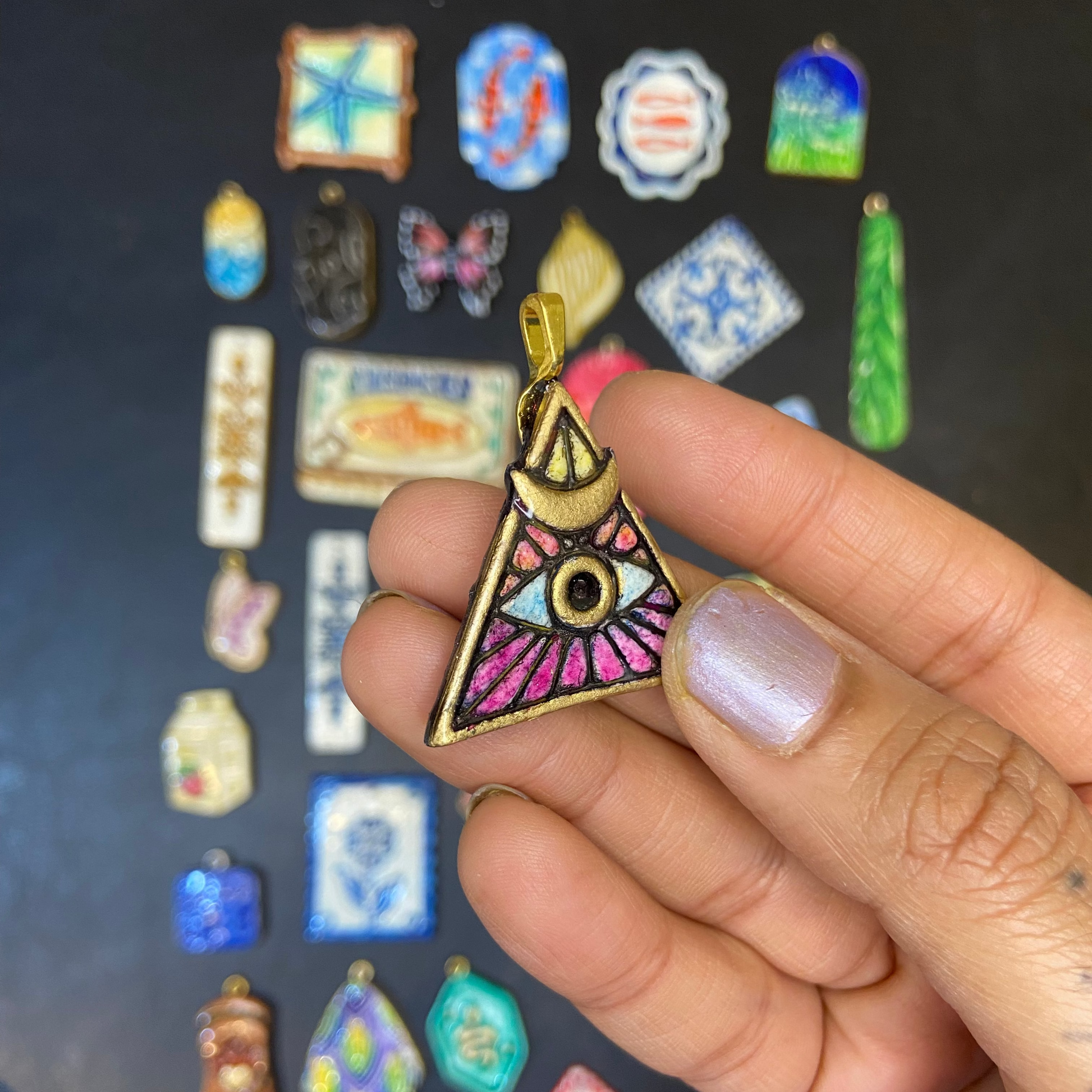 CN 25 - The Eye of Providence Textured Hand Painted - Handmade Clay Charm - ClartStudios - Polymer clay Jewellery