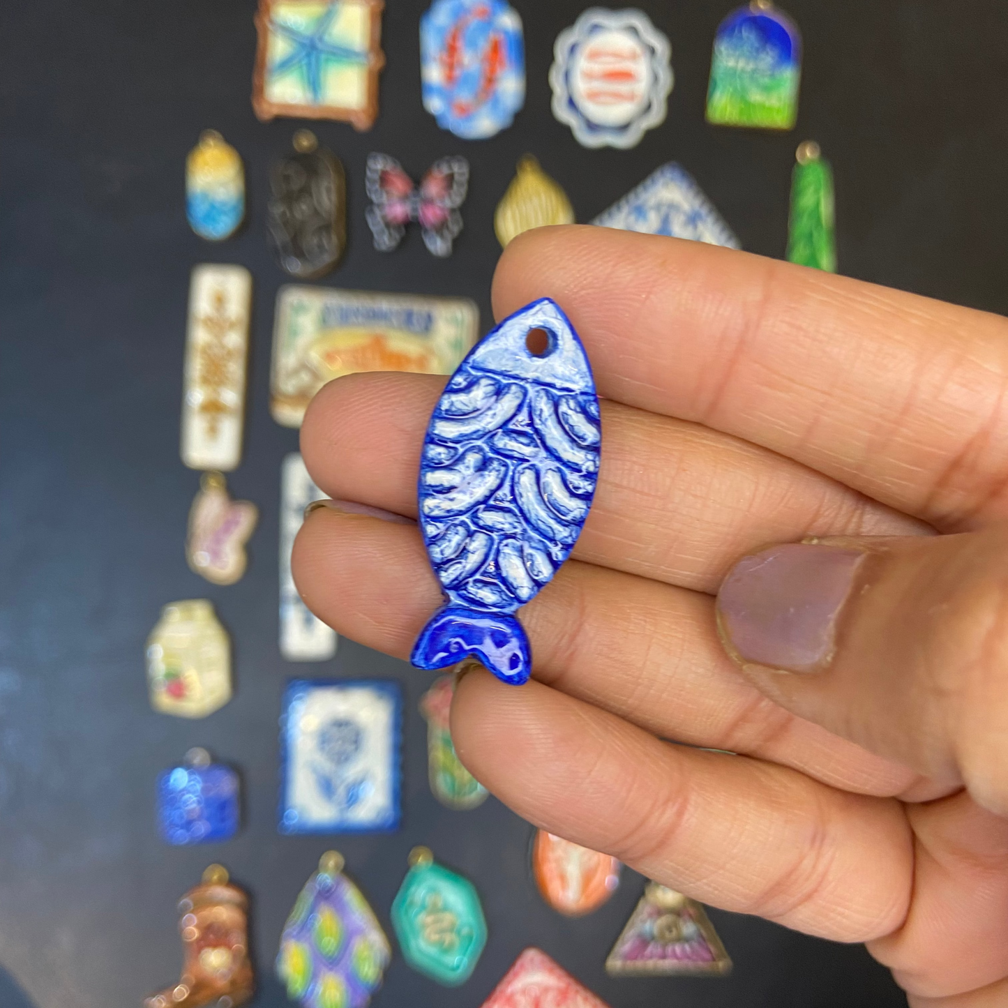 CN 29 - Fish Textured Hand Painted - Handmade Clay Charm - ClartStudios - Polymer clay Jewellery