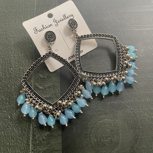 Silver Rhombus Oxidised Earring (Waterblue Beads) For Resin Art - ClartStudios - Polymer clay Jewellery