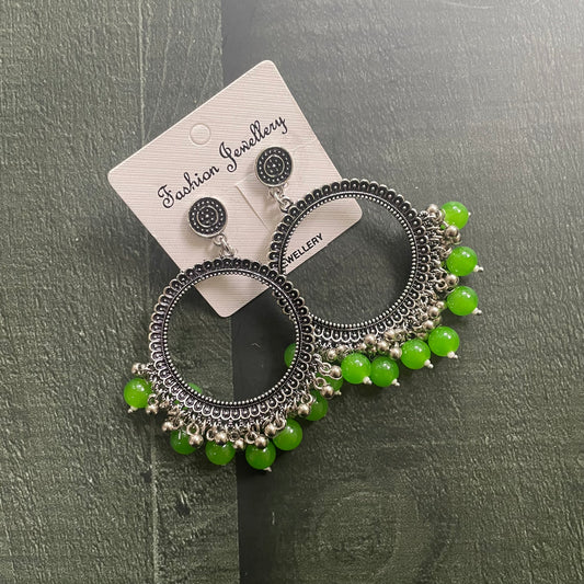 Silver Circle Oxidised Earring (Green Beads) For Resin Art - ClartStudios - Polymer clay Jewellery