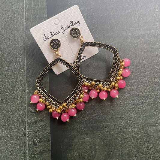 Golden Rhombus Oxidised Earring (Pink Beads) For Resin Art - ClartStudios - Polymer clay Jewellery