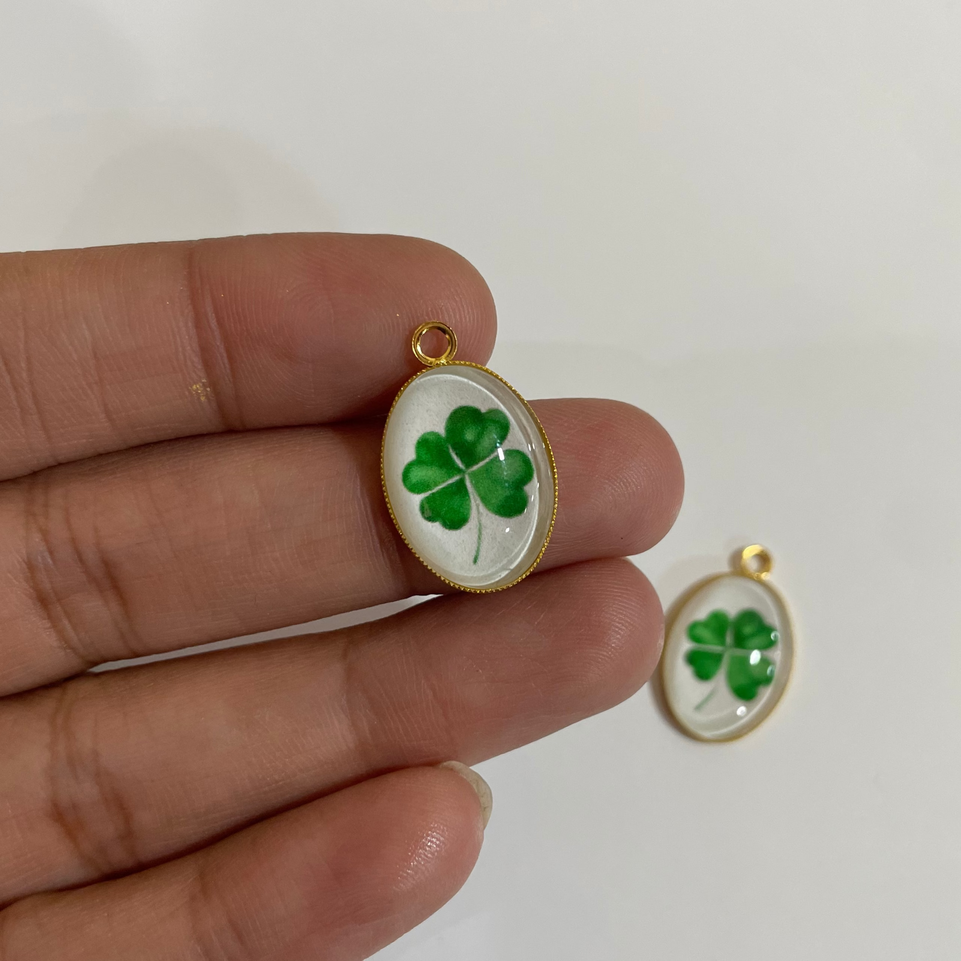 GN013 - Pack of 2pcs - Green Clover Leaf - Glass Pendants with Metal Base - ClartStudios - Polymer clay Jewellery