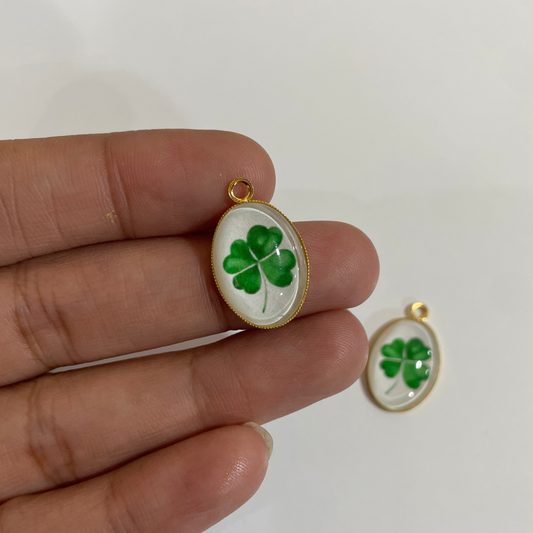 GN013 - Pack of 2pcs - Green Clover Leaf - Glass Pendants with Metal Base - ClartStudios - Polymer clay Jewellery