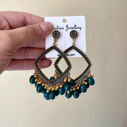 Golden Rhombus Oxidised Earring (Green Beads) For Resin Art - ClartStudios - Polymer clay Jewellery