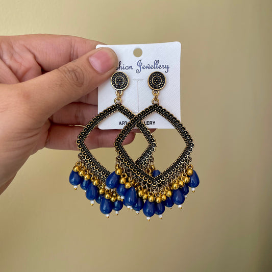 Golden Rhombus Oxidised Earring (Blue Beads) For Resin Art - ClartStudios - Polymer clay Jewellery