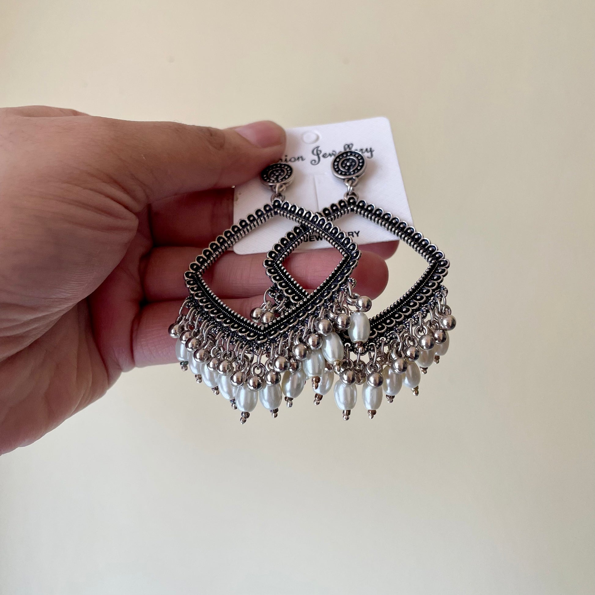 Rhombus Circle Oxidised Earring (Pearl Beads) For Resin Art - ClartStudios - Polymer clay Jewellery