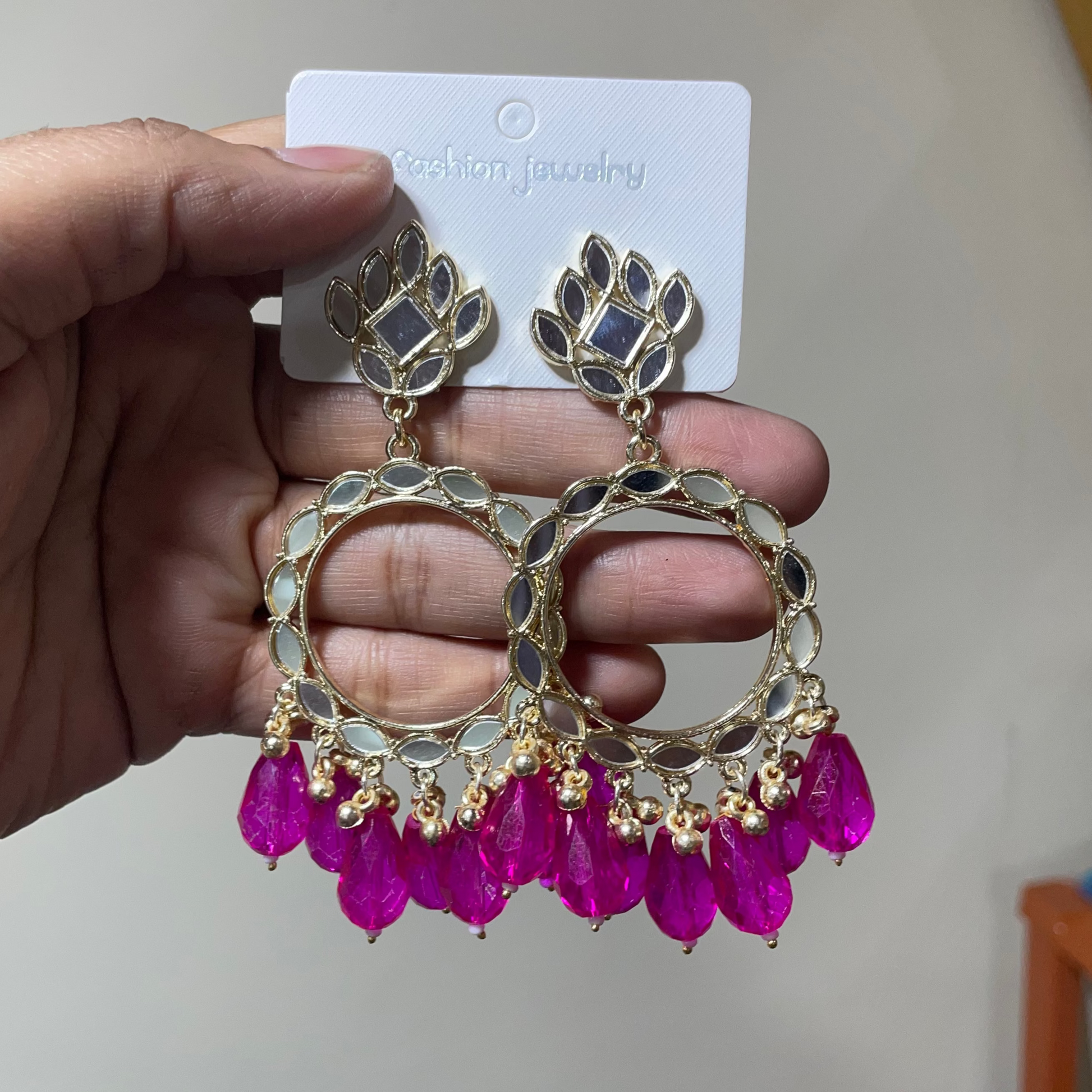 JB03 - Hot Pink Beads Light Gold Mirror Earring - ClartStudios - Polymer clay Jewellery