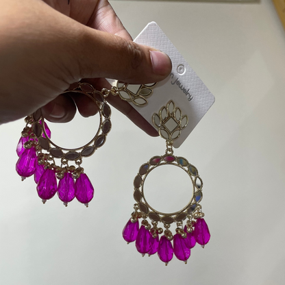 JB03 - Hot Pink Beads Light Gold Mirror Earring - ClartStudios - Polymer clay Jewellery