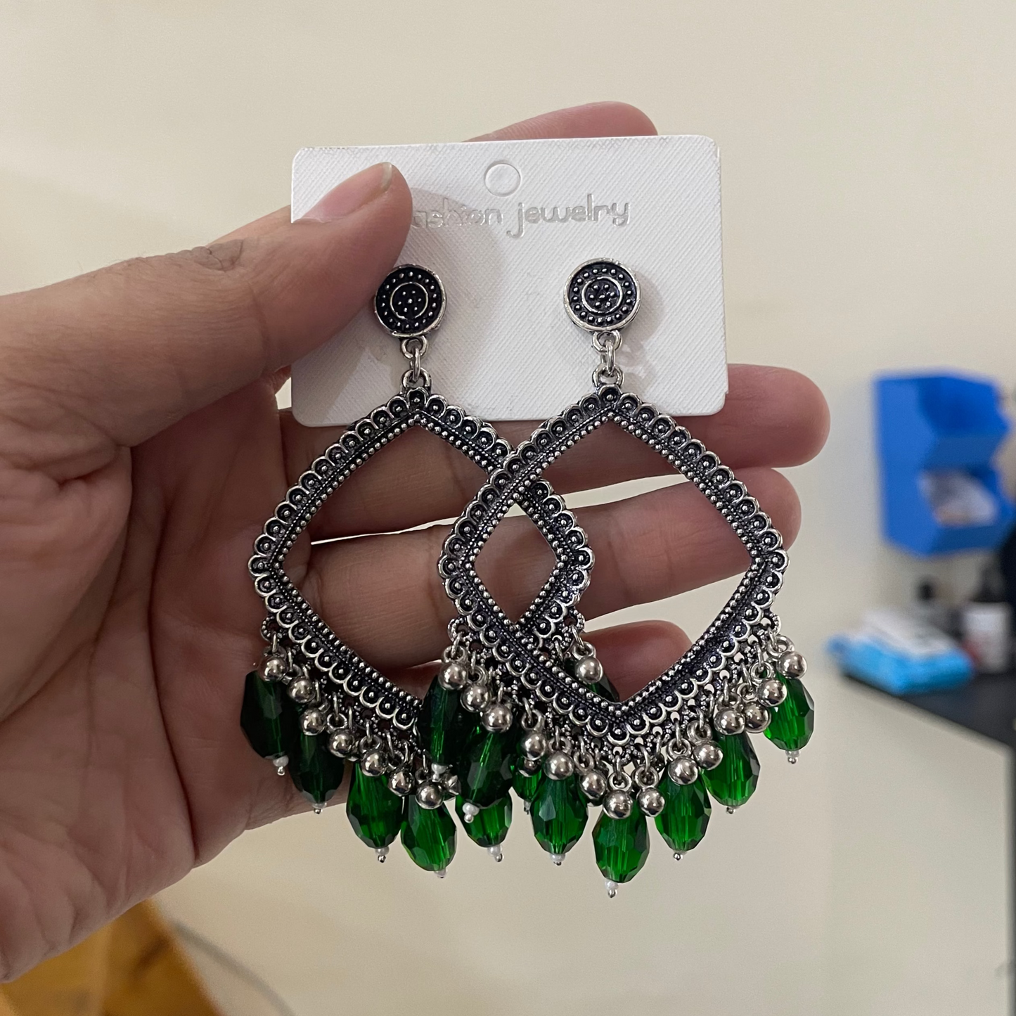 JB21 - Silver Rhombus Oxidised Earring (Green Crystal Beads) For Resin Art - ClartStudios - Polymer clay Jewellery