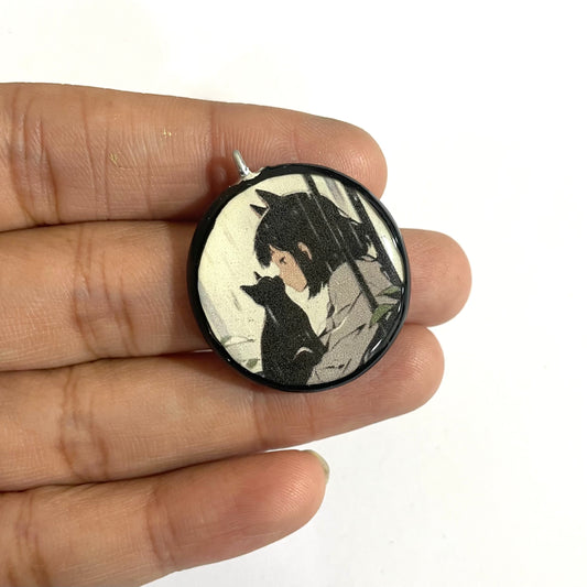 Girl with the Black Cat - Cold Porcelain Charms Pendant  (Dispatch Time 4-5 days) - ClartStudios - Polymer clay Jewellery