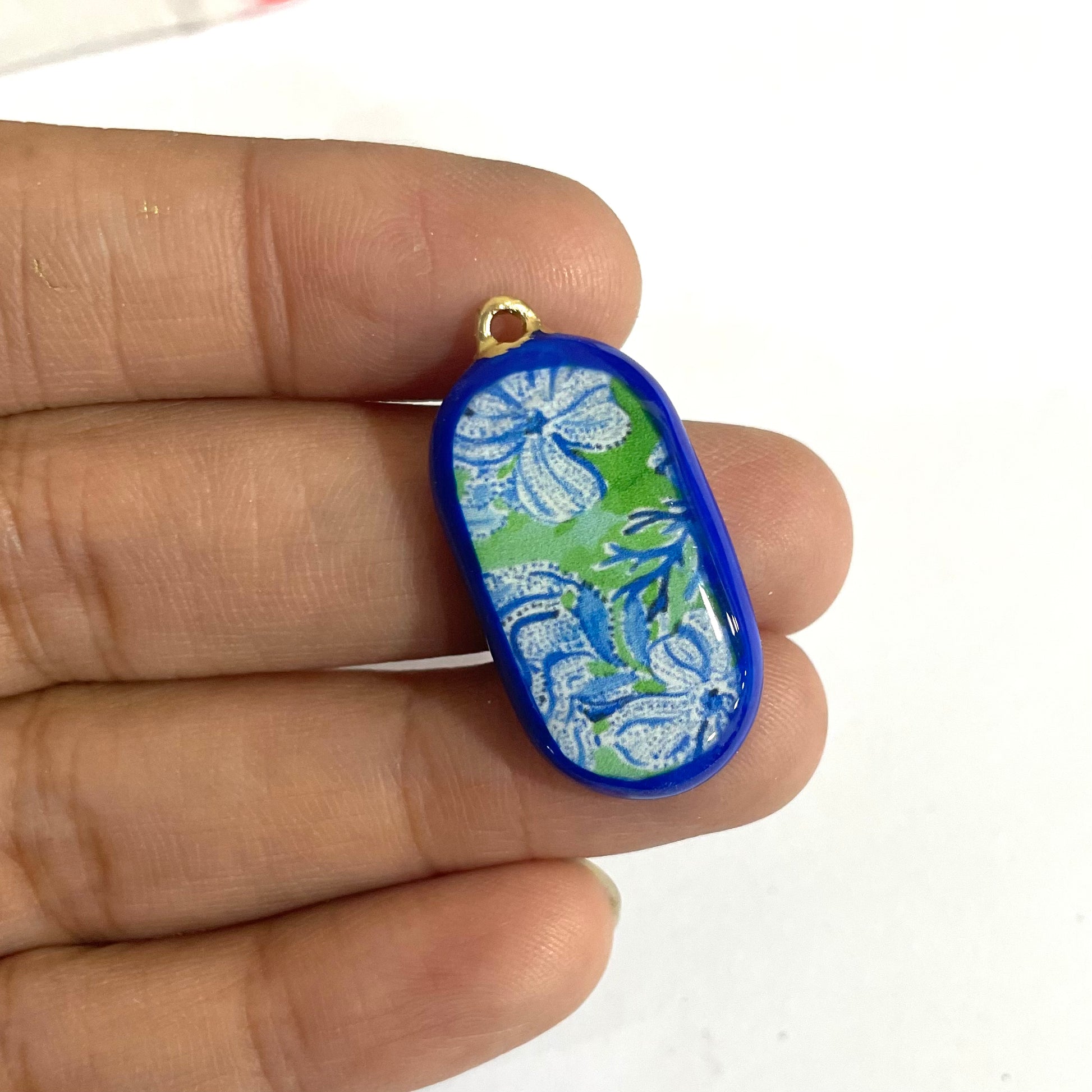 Green Blue Floral Pattern - Cold Porcelain Charms Pendant  (Dispatch Time 4-5 days) - ClartStudios - Polymer clay Jewellery
