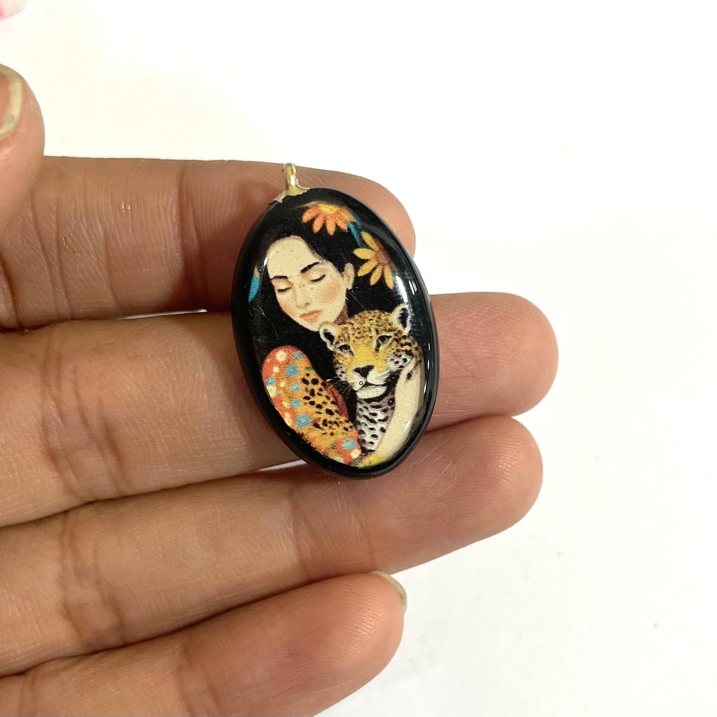 Girl with Cheetah - Cold Porcelain Charms Pendant (Dispatch Time 4-5 days) - ClartStudios - Polymer clay Jewellery