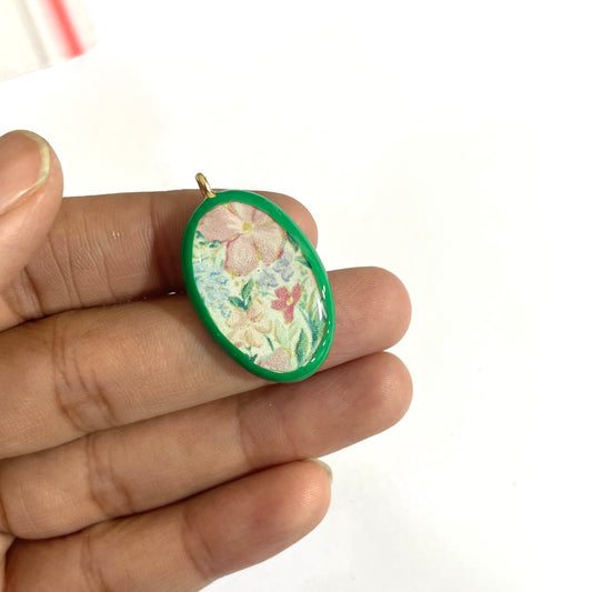 Green Floral Pattern - Cold Porcelain Charms Pendant  (Dispatch Time 4-5 days) - ClartStudios - Polymer clay Jewellery