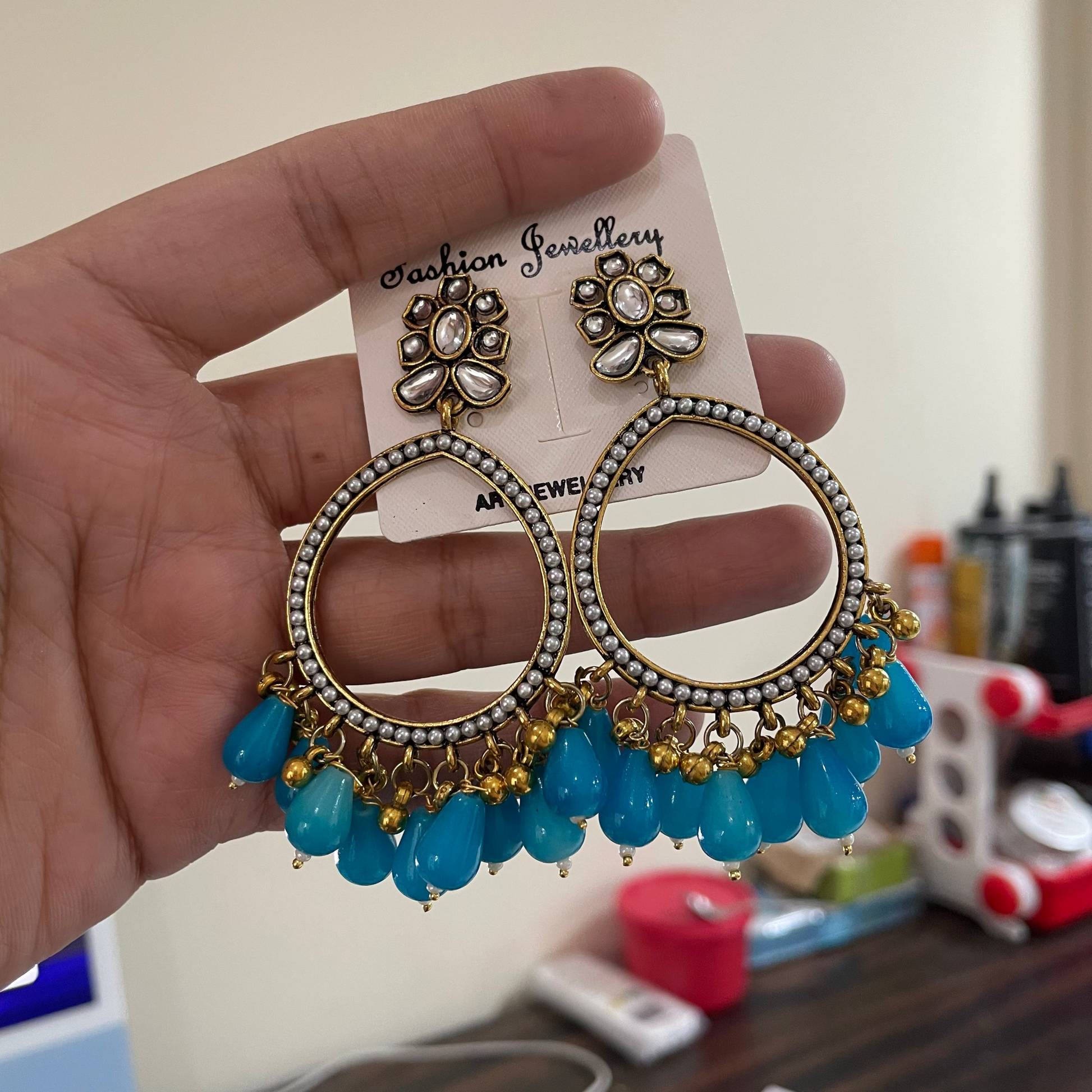 JB30 - Pearl Drop Jhumka With Sky Blue Beads Bezels For Resin Art - ClartStudios - Polymer clay Jewellery