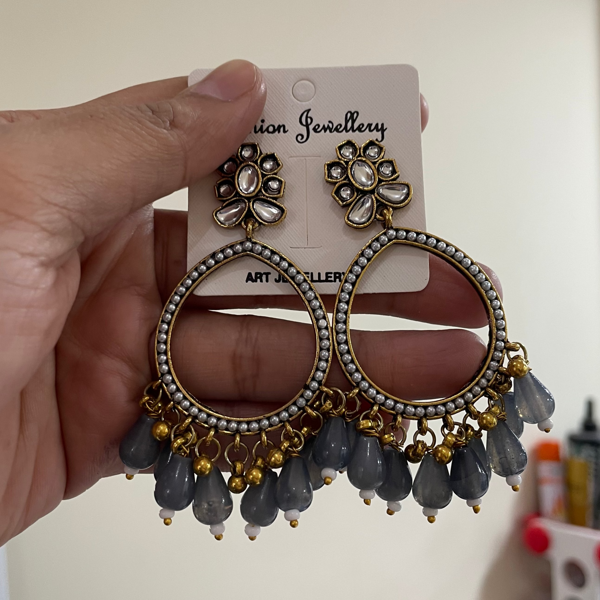 JB29 - Pearl Drop Jhumka With Grey Beads Bezels For Resin Art - ClartStudios - Polymer clay Jewellery