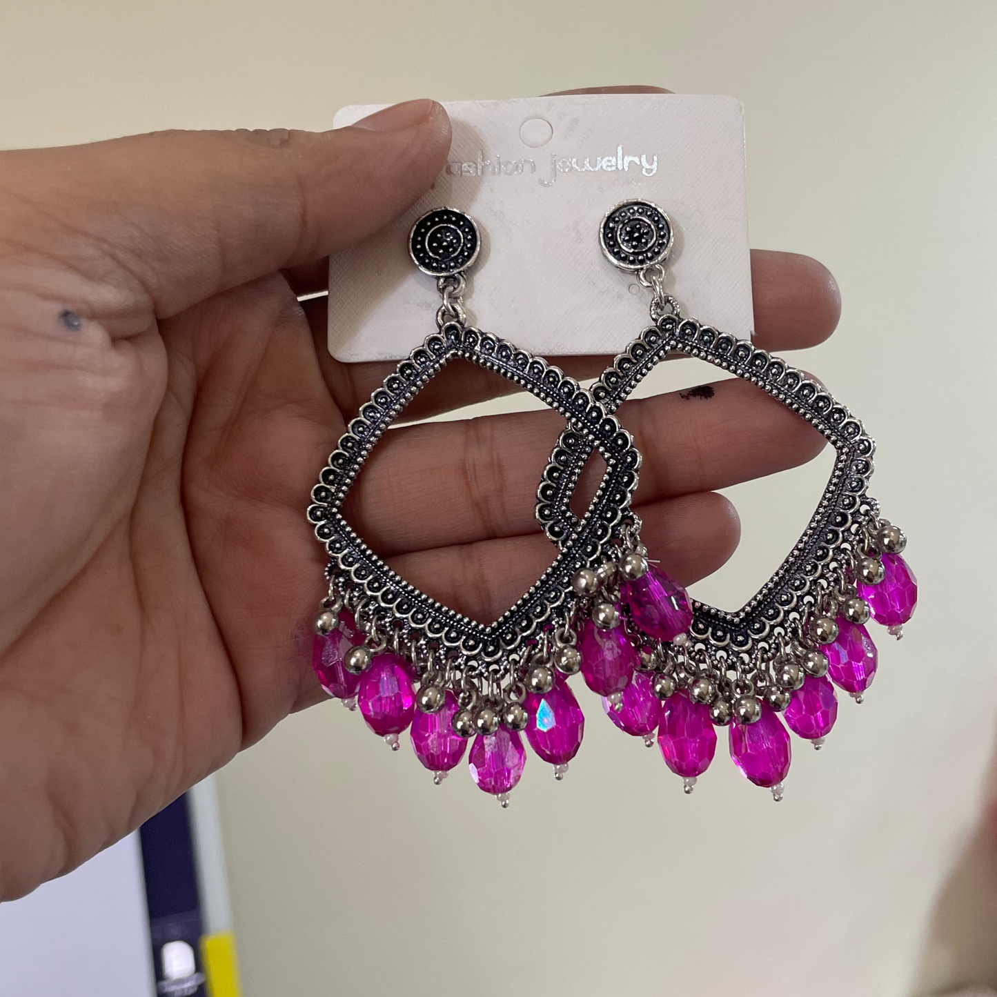 JB36 - Silver Rhombus Oxidised Earring (Magenta Crystal Beads) For Resin Art - ClartStudios - Polymer clay Jewellery