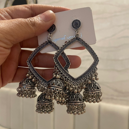 JB41 - Tri Jhumka Silver Rhombus Oxidised Earring (New Design) - ClartStudios - Polymer clay Jewellery