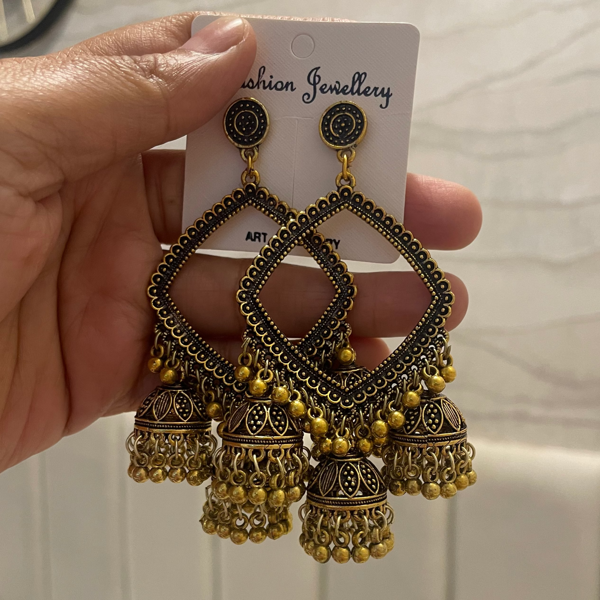 JB39 - Tri Jhumka Golden Rhombus Oxidised Earring (New Design) - ClartStudios - Polymer clay Jewellery