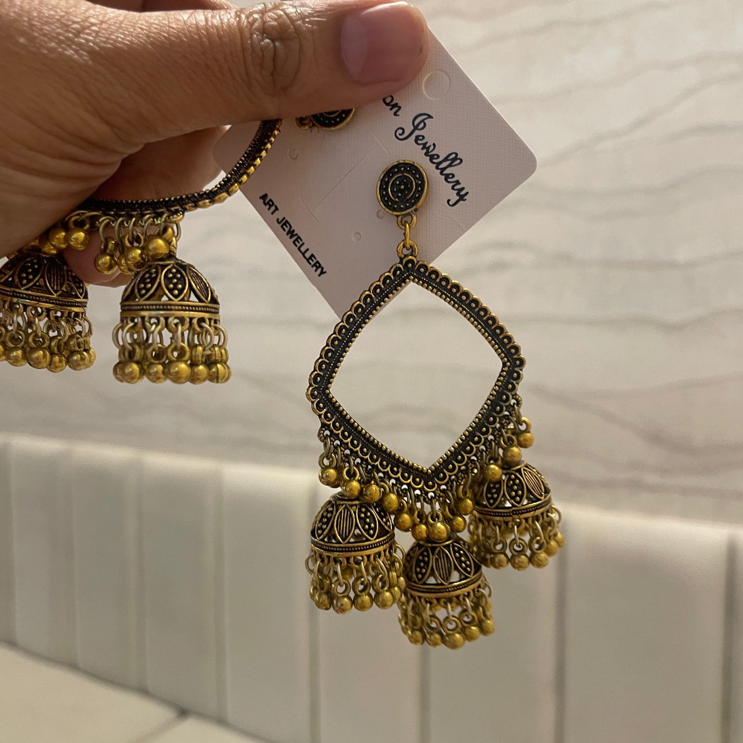 JB39 - Tri Jhumka Golden Rhombus Oxidised Earring (New Design) - ClartStudios - Polymer clay Jewellery