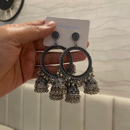 JB40 - Tri Jhumka Silver Circle Oxidised Earring (New Design) - ClartStudios - Polymer clay Jewellery