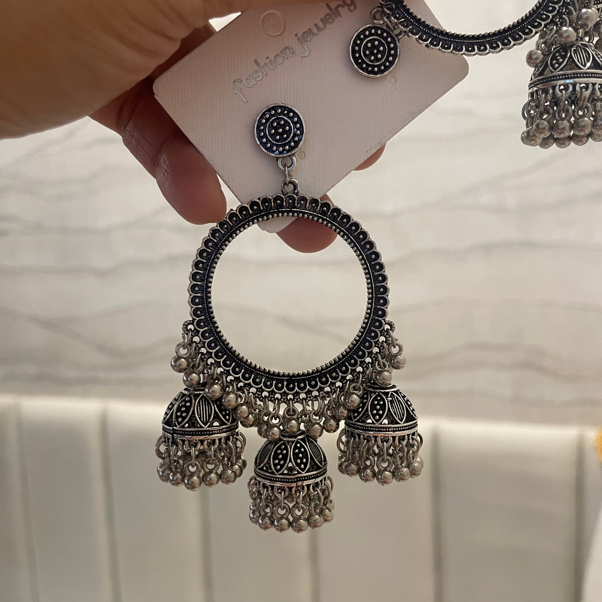 JB40 - Tri Jhumka Silver Circle Oxidised Earring (New Design) - ClartStudios - Polymer clay Jewellery