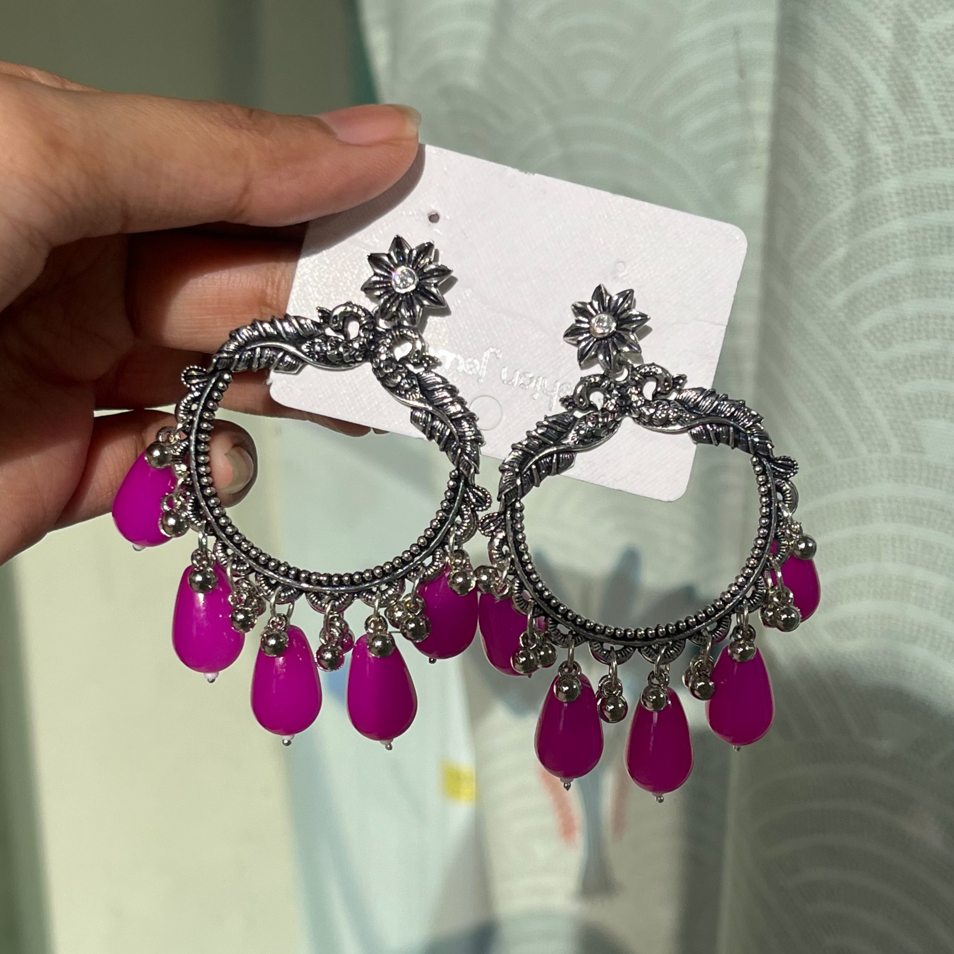 JB64 - Silver Peacock Classic Oxidised Earring (Magenta Beads) For Resin Art - Best Quality - ClartStudios - Polymer clay Jewellery