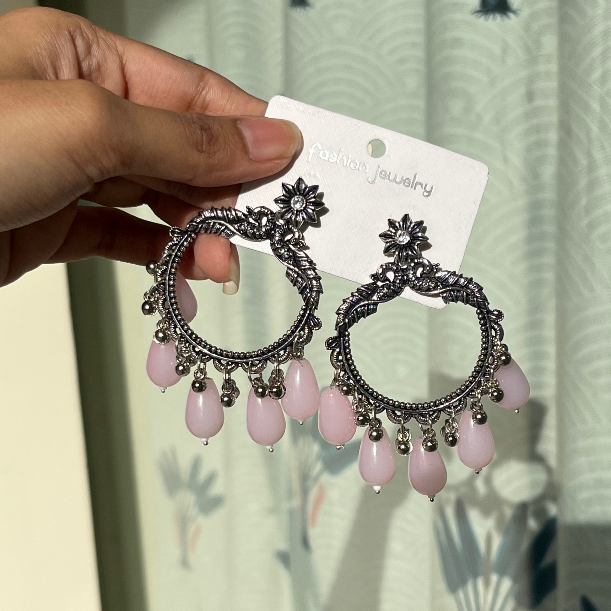 JB60 - Silver Peacock Classic Oxidised Earring (Baby Pink Beads) For Resin Art - Best Quality - ClartStudios - Polymer clay Jewellery