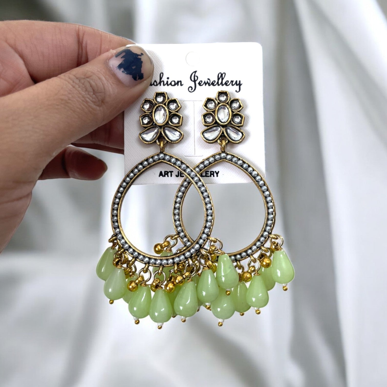 Light Green Glass Beads Drop Jhumka With Pearl Bezel For Resin Art - ClartStudios - Polymer clay Jewellery