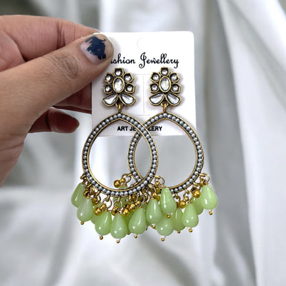 Light Green Glass Beads Drop Jhumka With Pearl Bezel For Resin Art - ClartStudios - Polymer clay Jewellery