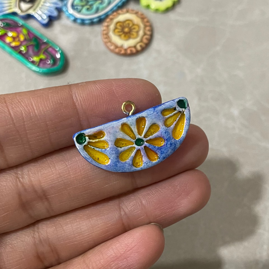 CN 32 - Semicircle Floral Textured Hand Painted - Handmade Clay Charm