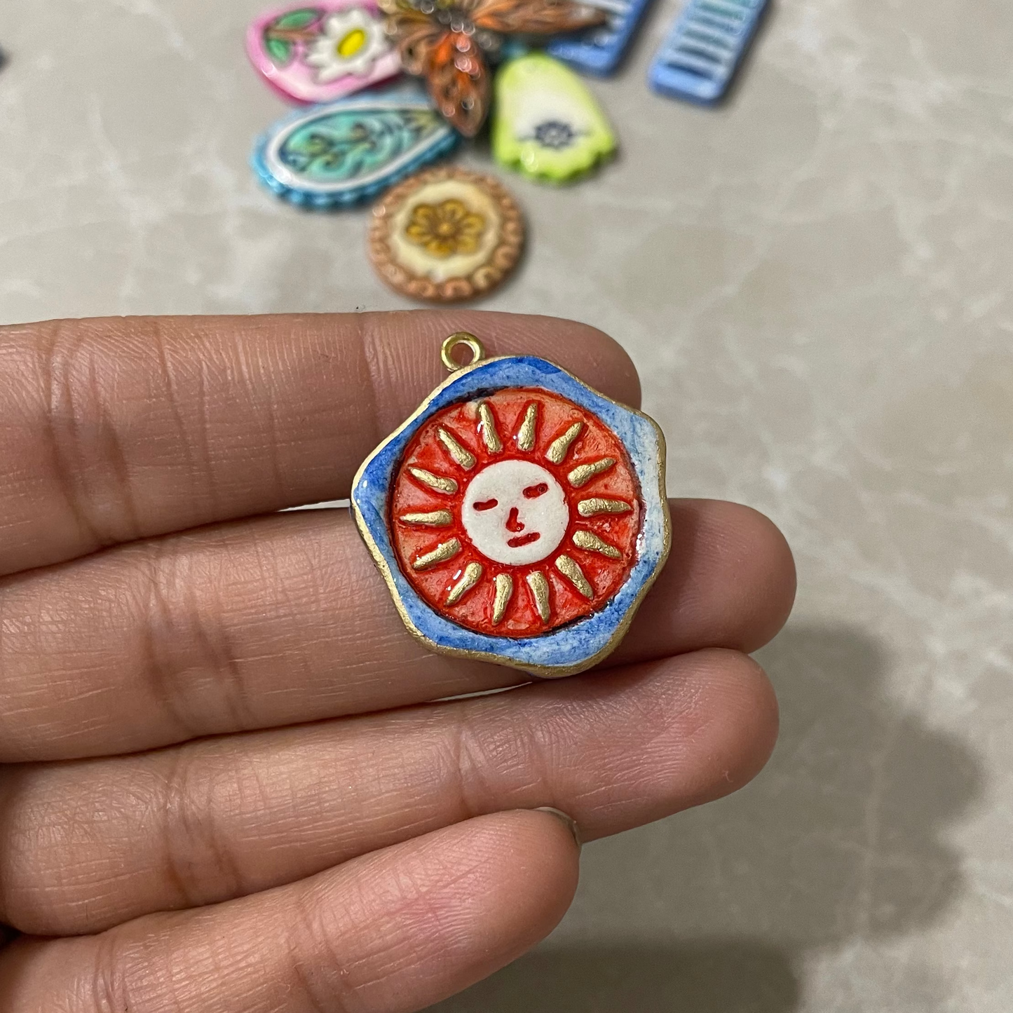 CN 35 - Vibrant Sun Textured Hand Painted - Handmade Clay Charm - ClartStudios - Polymer clay Jewellery