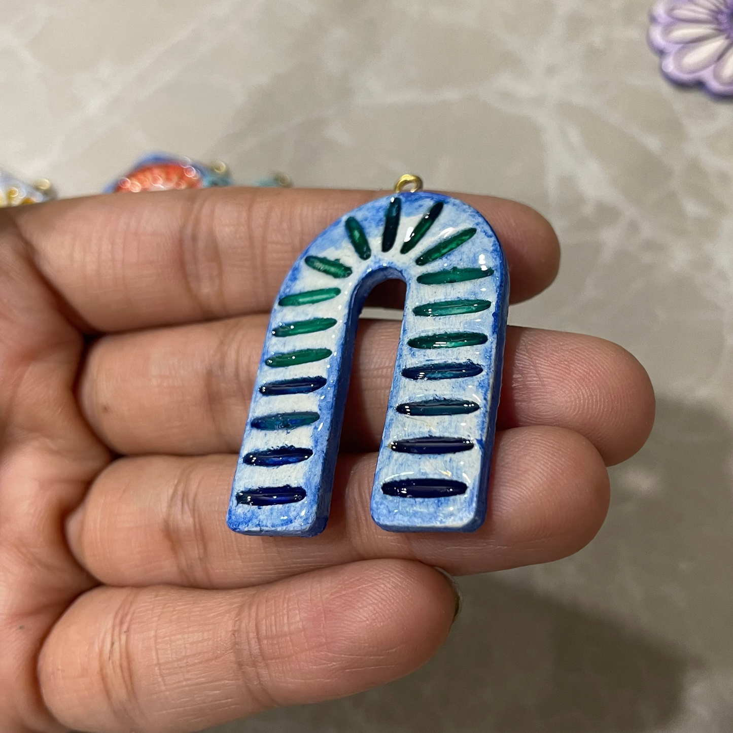 CN 37 - Tribal Art Inspired Textured Hand Painted - Handmade Clay Charm