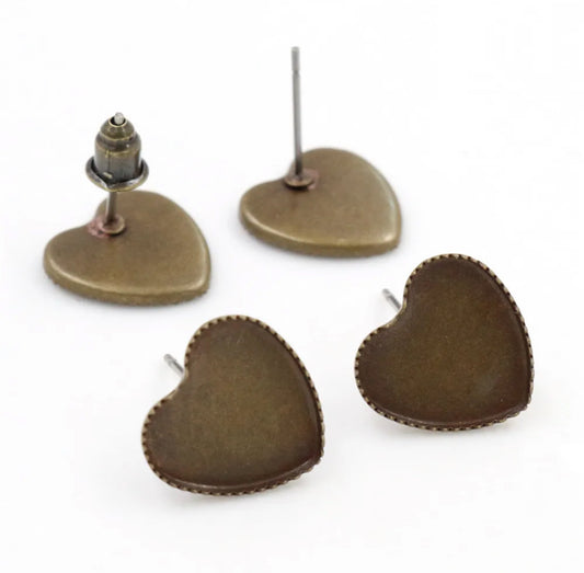Bronze Heart Stud Earring Base (12mm) - ClartStudios - Polymer clay Jewellery