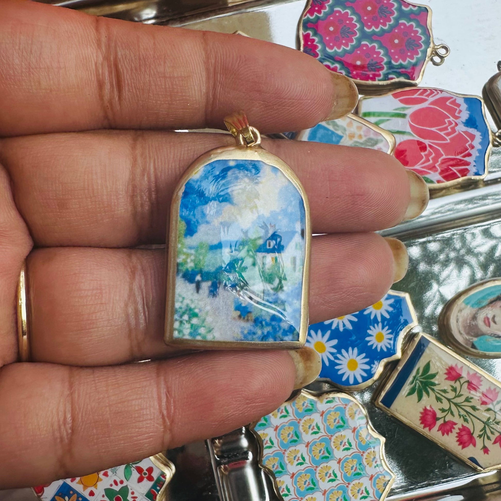 Blue House Blooms Pillar Shaped - Cold Porcelain Charms Pendant (With Bail) - ClartStudios - Polymer clay Jewellery