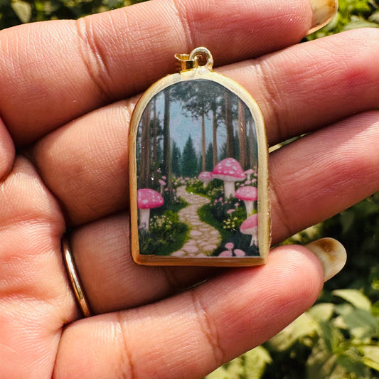 Mushroom Garden Pillar Shaped - Cold Porcelain Charms Pendant (With Bail) - ClartStudios - Polymer clay Jewellery