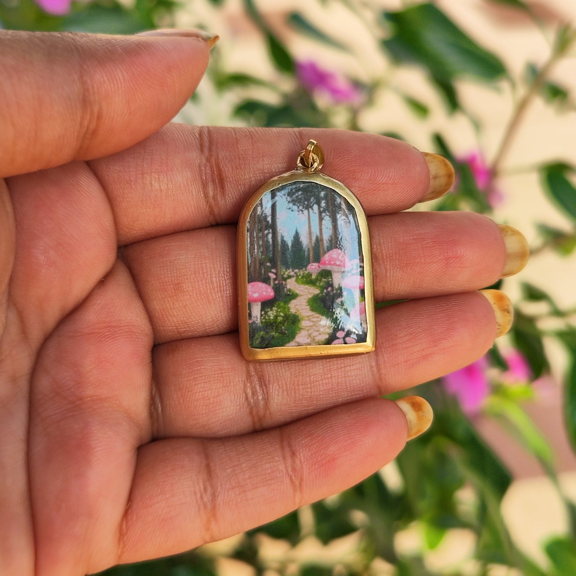 Mushroom Garden Pillar Shaped - Cold Porcelain Charms Pendant (With Bail) - ClartStudios - Polymer clay Jewellery