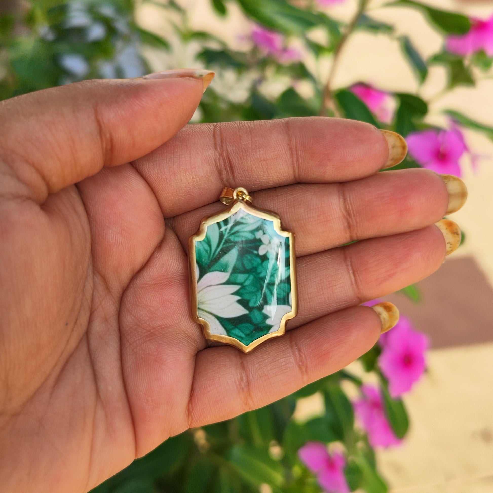 Green Floral Pattern Motif Shaped - Cold Porcelain Charms Pendant (With Bail) - ClartStudios - Polymer clay Jewellery