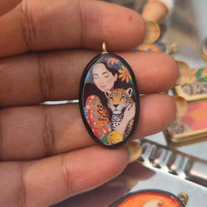 Girl with Cheetah - Cold Porcelain Charms Pendant (Dispatch Time 4-5 days) - ClartStudios - Polymer clay Jewellery