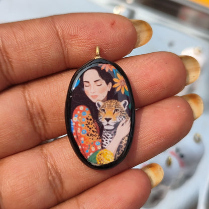 Girl with Cheetah - Cold Porcelain Charms Pendant (Dispatch Time 4-5 days) - ClartStudios - Polymer clay Jewellery