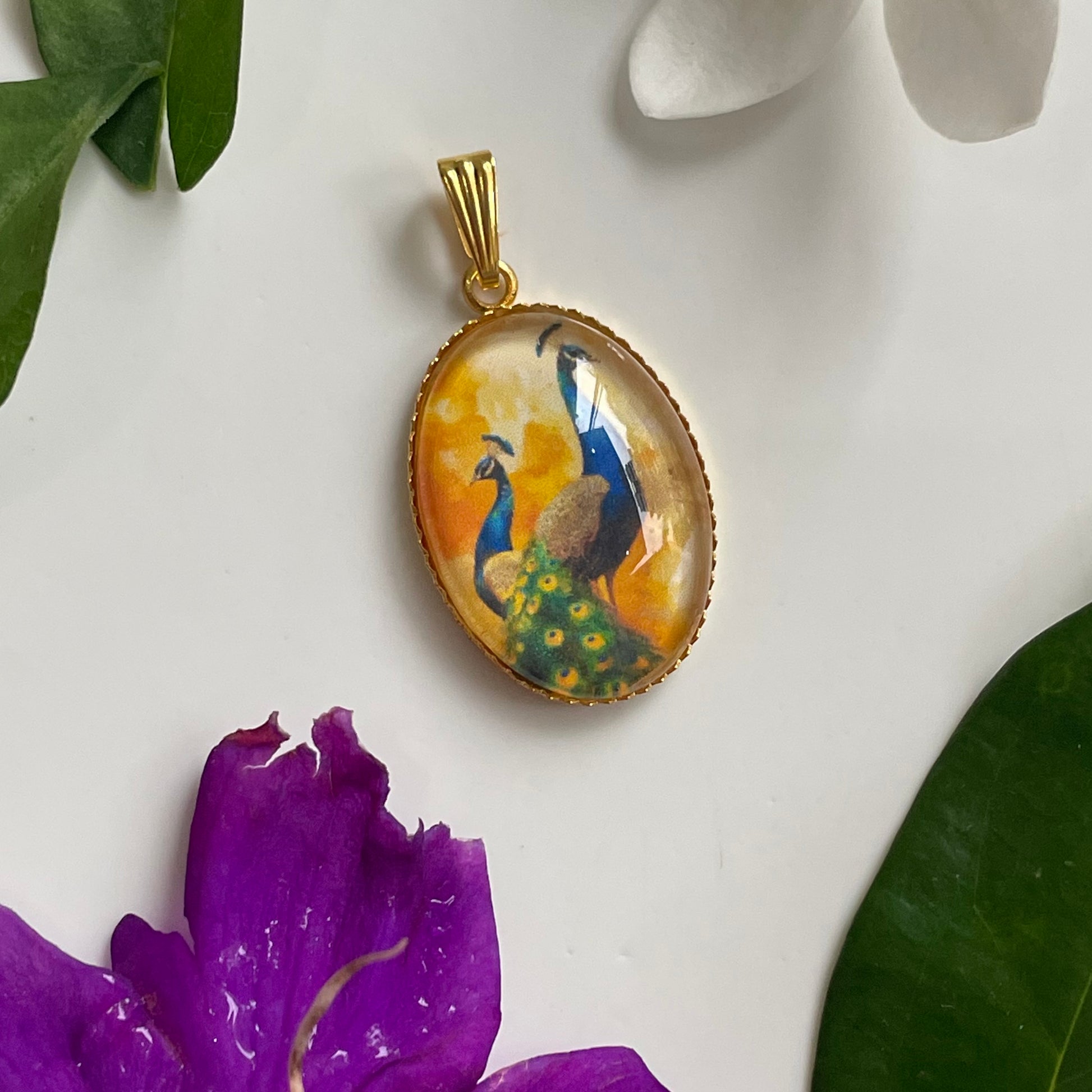 NG02 - Peacock Flowers Pendant / Charm (1pc) - ClartStudios - Polymer clay Jewellery