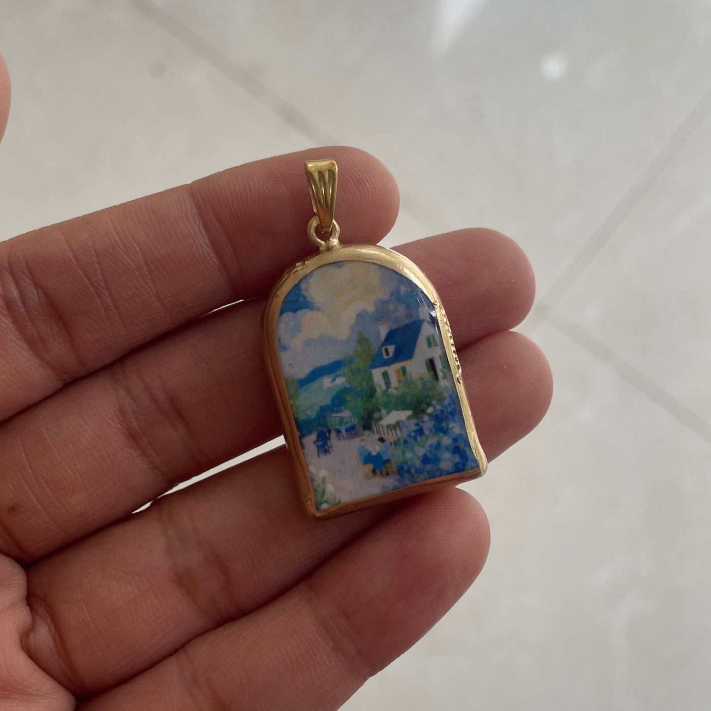 Blue House Blooms Pillar Shaped - Cold Porcelain Charms Pendant (With Bail) - ClartStudios - Polymer clay Jewellery