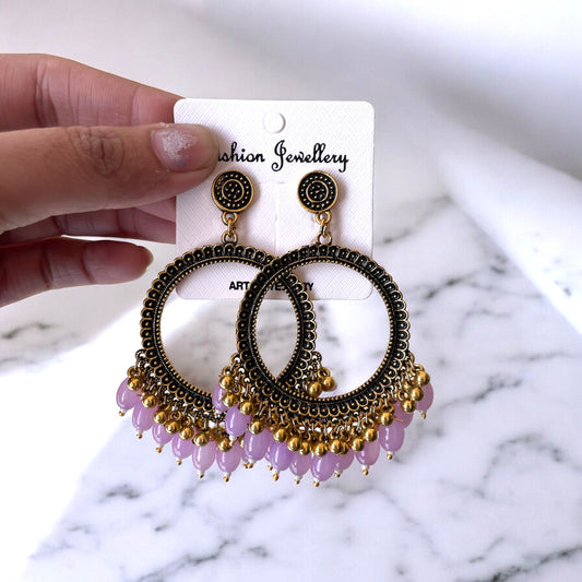 Golden Circle Oxidised Earring (Lilac Glass Beads) for Resin Art - ClartStudios - Polymer clay Jewellery
