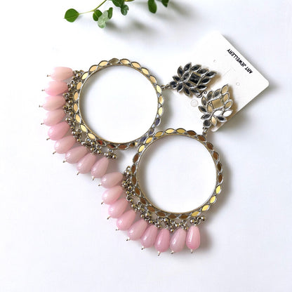 Silver Mirror Earring With Baby Pink Glass Beads for Resin Art - ClartStudios - Polymer clay Jewellery