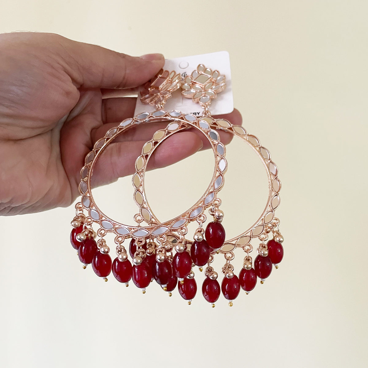 Maroon Glass Beads Rose Gold Mirror Earring - ClartStudios - Polymer clay Jewellery
