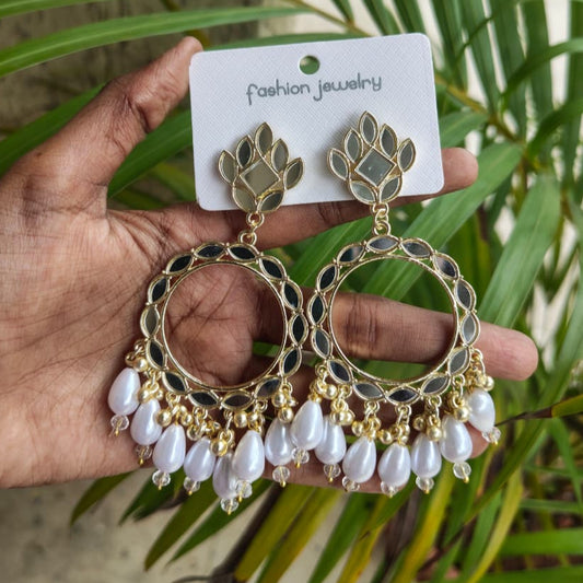 JB48 - Pearl Beads Light Gold Mirror Earring - Best Quality - ClartStudios - Polymer clay Jewellery