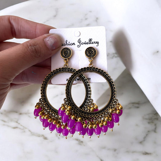 Golden Circle Oxidised Earring (Purple Glass Beads) for Resin Art - ClartStudios - Polymer clay Jewellery